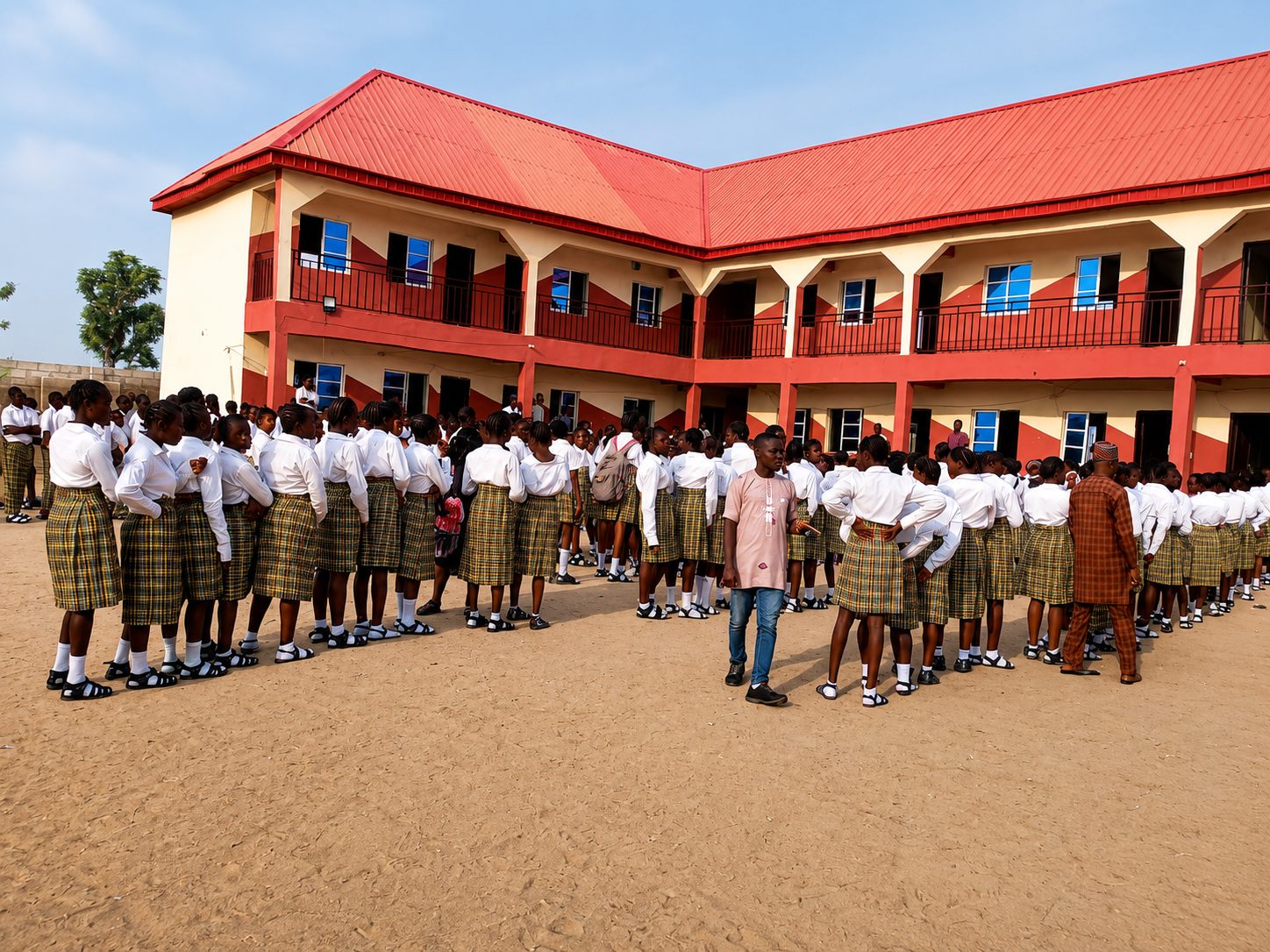 Rishama students gathered in uniform in front of the school building