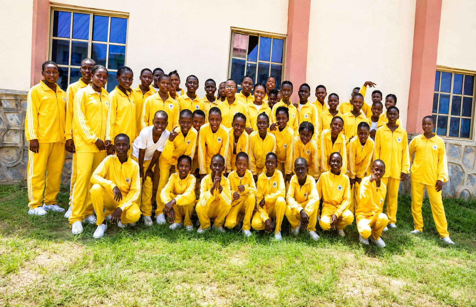 Rishama students in yellow house uniforms outside the school building